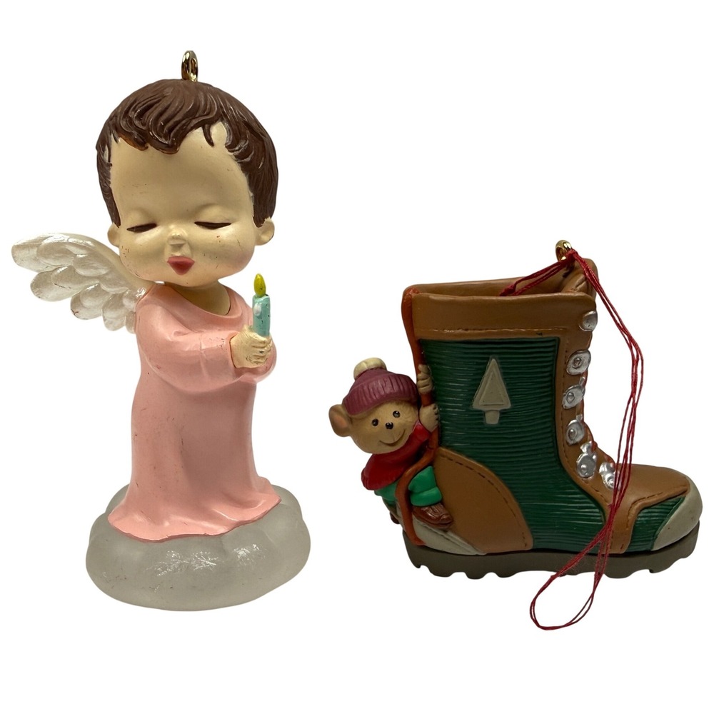 Vintage Hallmark Ornament Lot 1990 Mary's Angels Rosebud 1995 Takin' A Hike